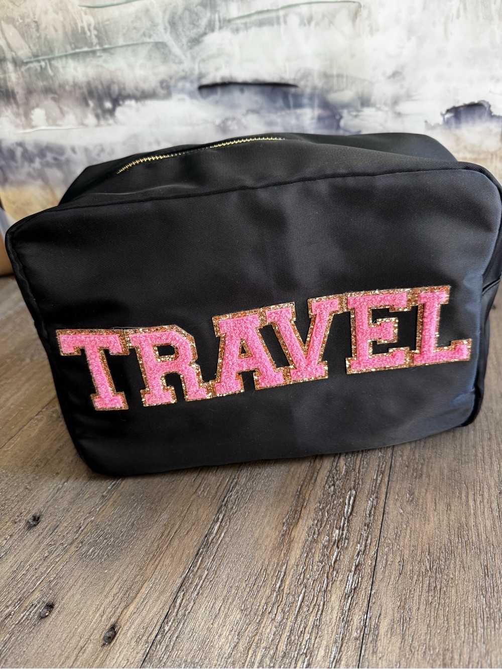 Kenz Kustoms Black Travel Cosmetic Bag Pink Chenille Glitter Patch